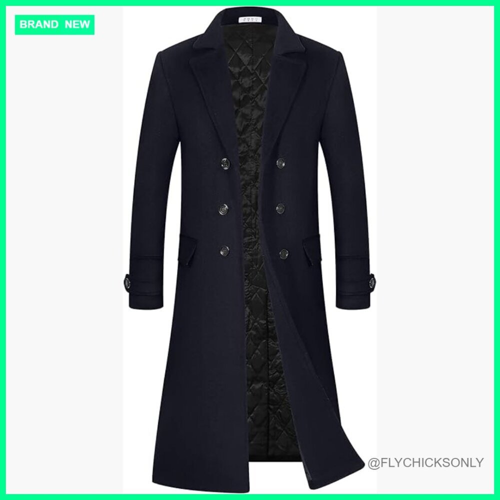 Men's Wool Trench Coat Long Overcoat Winter Windbreaker